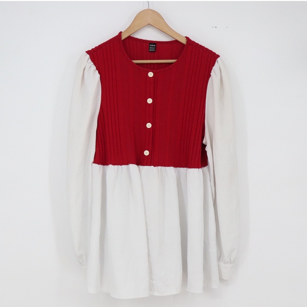 SHEIN Tunic Top Womens 12 Mixed Media Babydoll Red White Ribbed Peplum Excellent